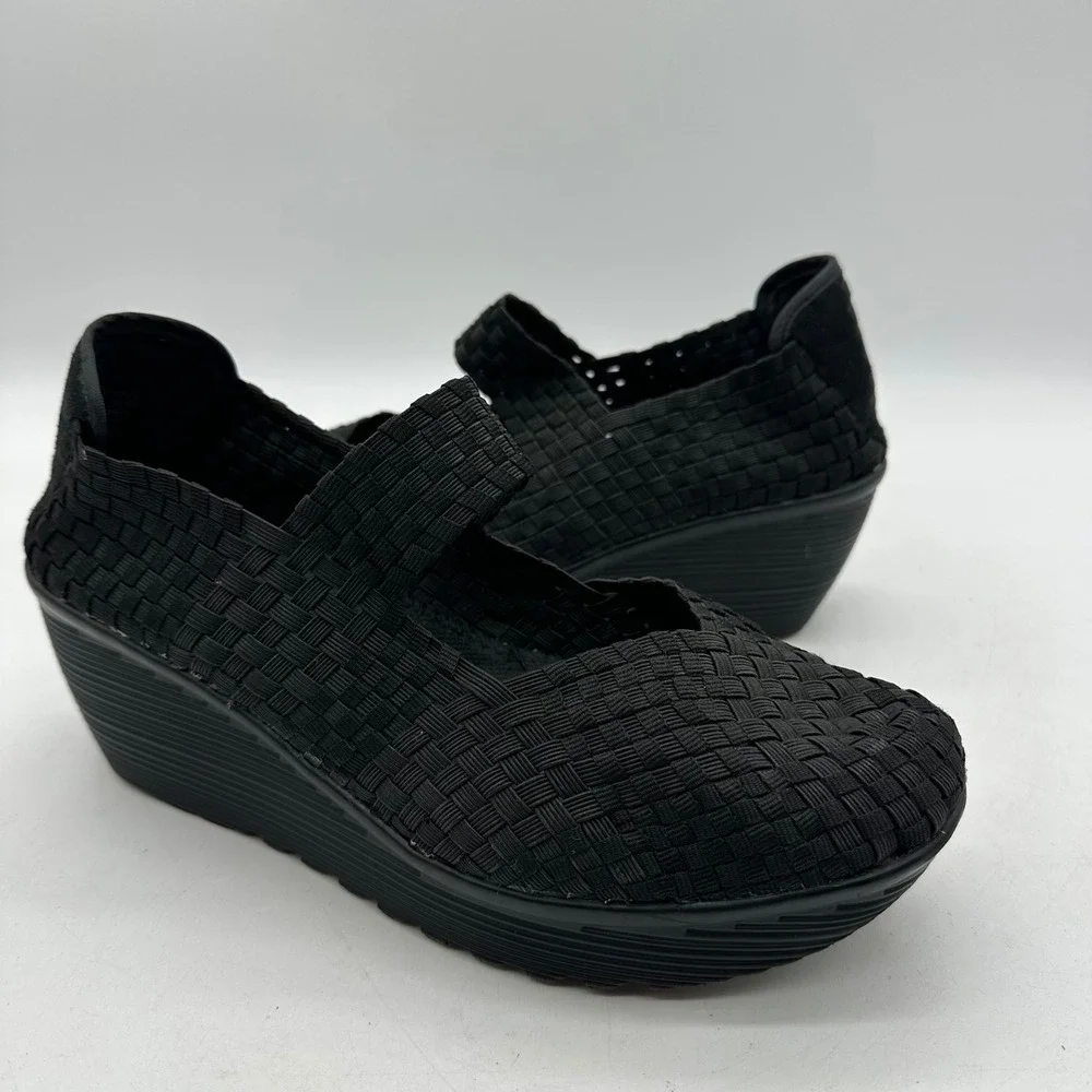Nine West‎ O-KILEY3Y Womens 9.5M Black Woven mid-height Mary Jane Wedge Shoes
